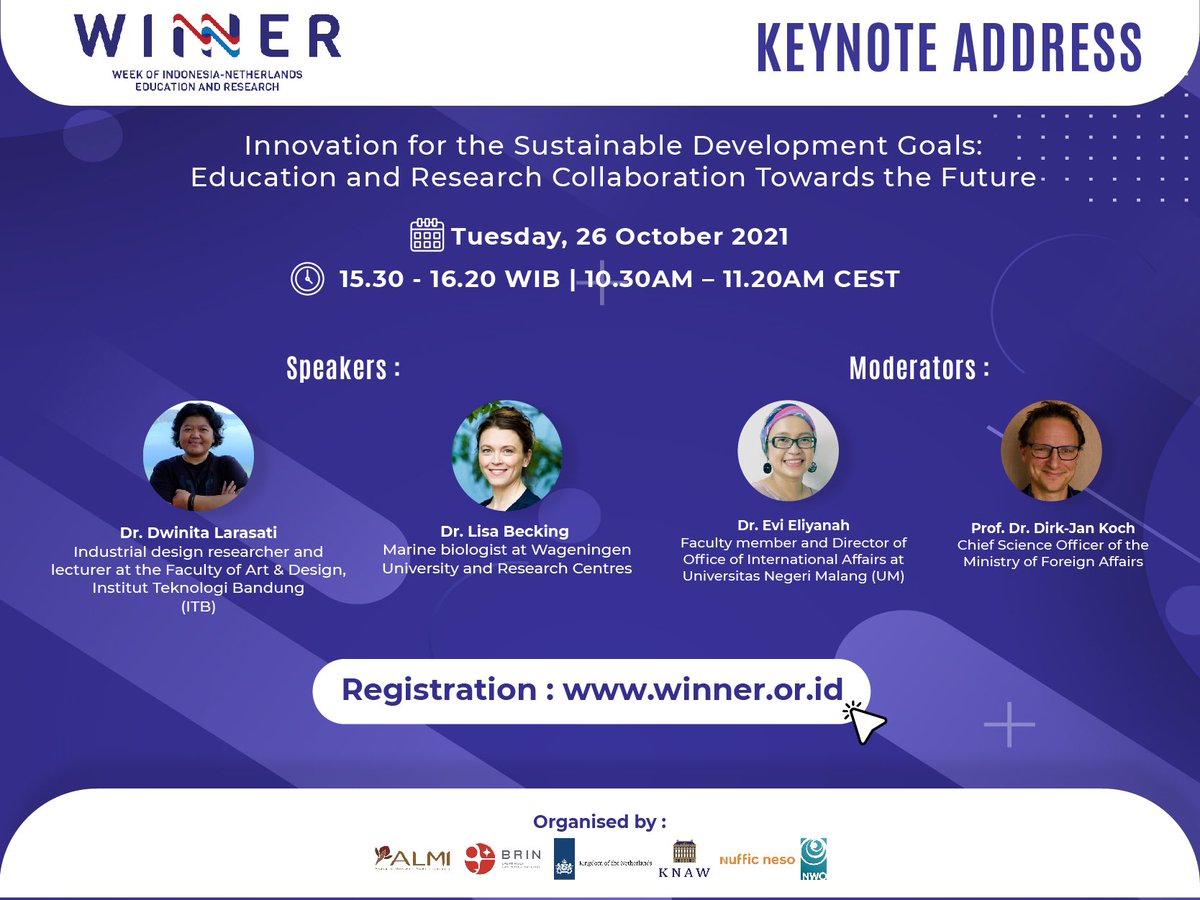 NLinIndonesia's tweet photo. ๐ฃ Today! Join @WINNERconf opening remarks, talk show, keynote address, and panel discussion.
โ
โฑ 14.30 โ 17.30 WIB / 09.30AM โ 12.30PM CEST
๐ป Visit https://t.co/OD9oEg7AAv for the full programme and registration!
#WINNER2021
#NLKnowledge
#IDNLcollaboration
#SDGs https://t.co/mL5tqMsYJS