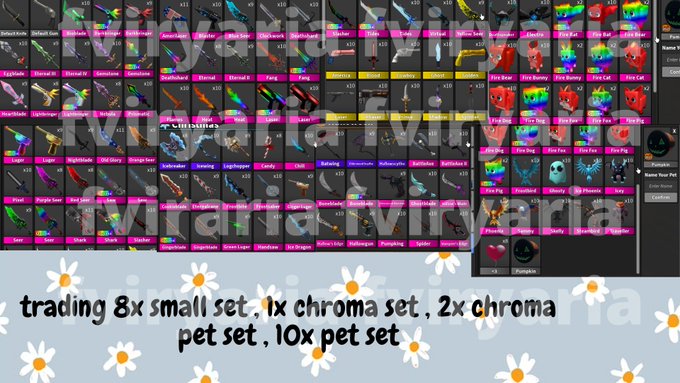 fviryaria's tweet photo. Trading 8 - 10 x mm2 godlies! (small set &amp; chroma set)

also 9x nebula

Looking for rh halos , rhd , robux , high tiers amp

#royalehigh #royalehighgiveaway #mm2 #rh #royalehighselling
#mm2items #mm2godlies #mm2giveaway #royalehighhalos #am https://t.co/GRdWGjTUAs