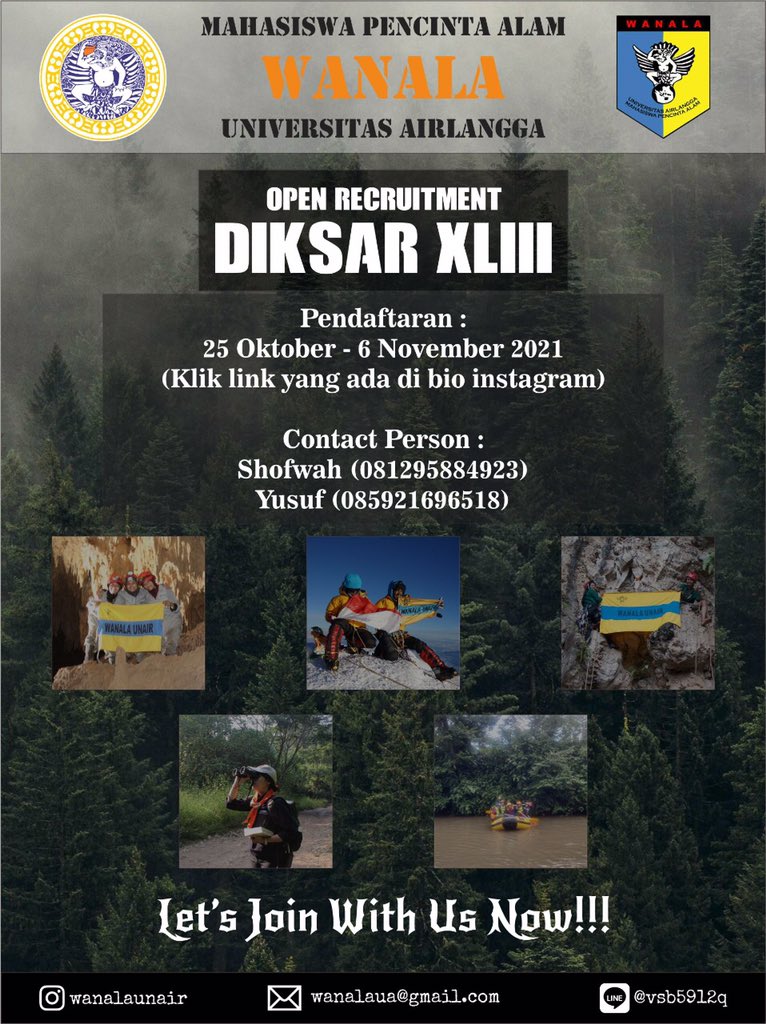 [OPEN RECRUITMEN DIKSAR XLIII]

Salam Lestari!

INI DIA SAATNYA! Bagi kamu ingin menjadi bagian dari WANALA, saatnya merealisasikan mimpimu!

Daftarkan dirimu segera di DIKSAR XLIII WANALA UNAIR!

📎: bit.ly/FormDIKSAR43
📆: 25 Oktober - 6 November 2021