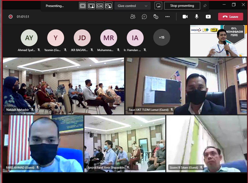 22 Oktober 2021: J10 Roadshow Zon Tengah telah berlangsung secara bersemuka dan atas talian melalui Platform Microsoft TEAMS. Sesi ini telah dihadiri oleh pegawai-pegawai JKR dari empat (4) negeri iaitu Selangor, Kuala Lumpur, Putrajaya dan Perak.Terima kasih kepada yang terlibat