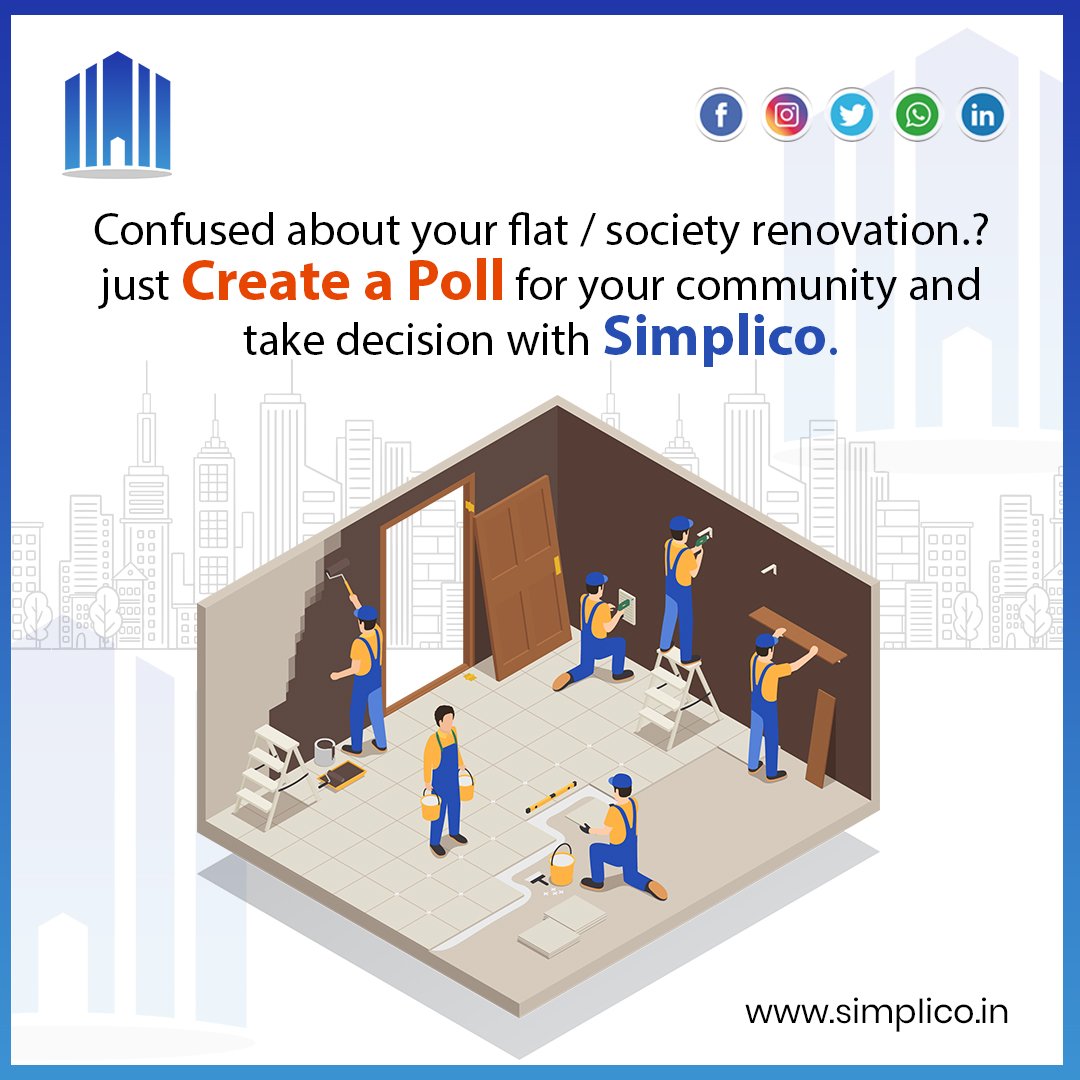 Mysimplico's tweet photo. Confused about your flat / society renovation.?
just Create a Poll for your community and take decision with Simplico.
Visit us at https://t.co/IBtX4Idtrc
#simplico #simplify #housingsociety #society #community #androidapp #iosapp #abhargharsecure https://t.co/QPQq1fyCn2