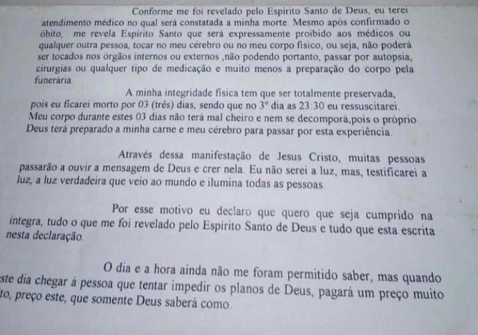 choquei's tweet photo. 🚨ATENÇÃO: Veja agora, a carta deixada pelo pastor que disse que ressuscitaria no terceiro dia de sua morte. O último dia foi hoje, o pastor não ressuscitou e foi enterrado https://t.co/e8RS0ziTRe