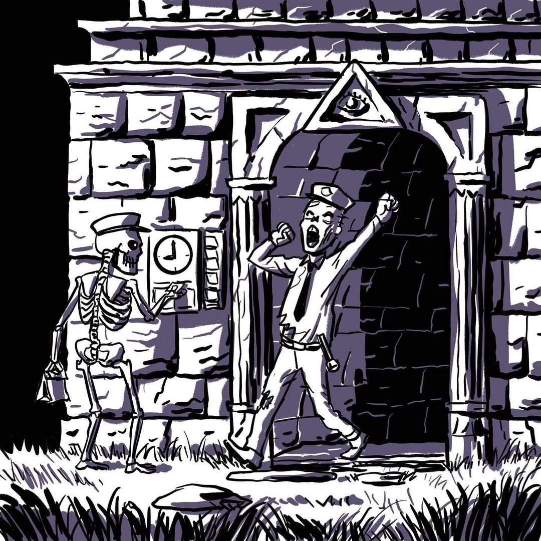 drawlloween's tweet photo. Reposted from @drclauw #drawlloween day 25: Night in the Mausoleum 

#halloween #drawlloween2021 #zombie #skeleton #shiftchange #timeclock #security #mausoleum #crypt #night #illustration #artistsoninstagram @drawlloween https://t.co/6NzHDOGNQU