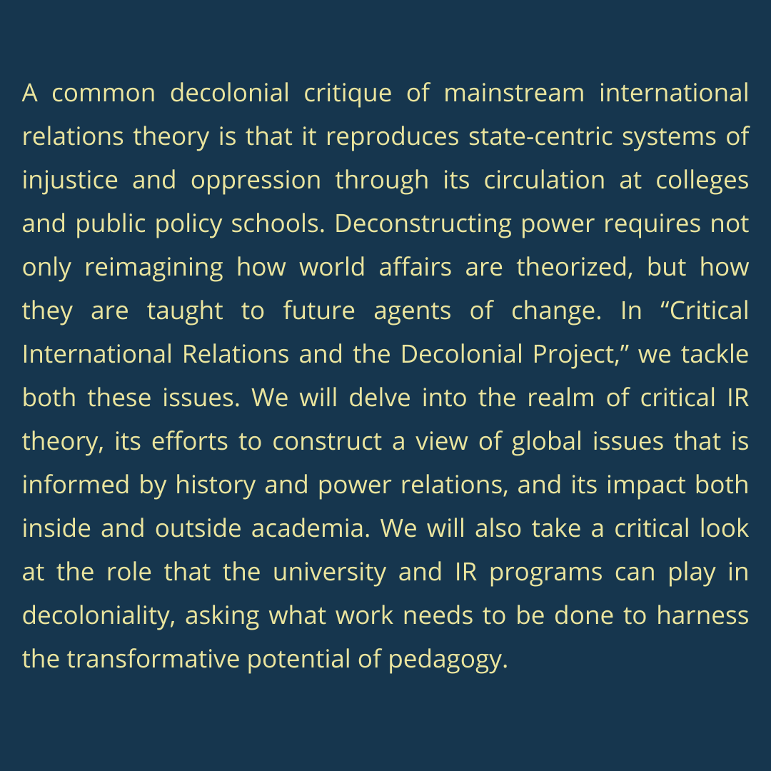 dirfletcher's tweet photo. Come delve into the realm of critical IR theory, its efforts to construct a view of global issues that is informed by history and power relations, and its impact both inside and outside academia 👩‍🏫. #DeconstructingPower https://t.co/ZRyXTlFIY9