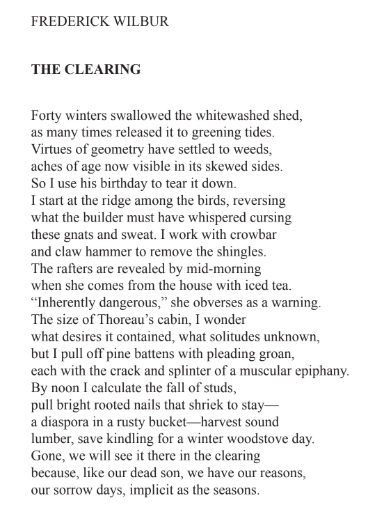 Hello, everyone! 

Today, we present "The Clearing" by Frederick Wilbur from SLANT Issue #29 (Summer 2015). Check out the link to learn more about Frederick and his work: pw.org/directory/writ…

#poetry 
#WritingCommunity 
#fall