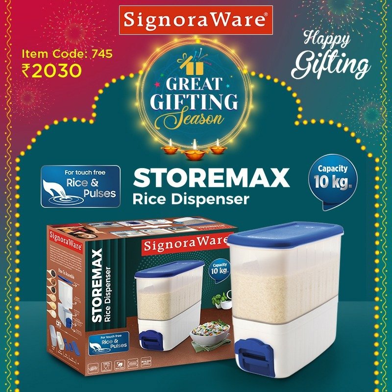 SignoraWare's tweet photo. A product that you can never miss.

Storemax Rice Dispenser for touch free rice and pulses.

#signoraware #greatgiftingseason #ricedispenser #ricestorage #pulsesstorage #bulkstorage #touchfreerice #healthy #happygifting #kitchen https://t.co/OCCN6Ni0kh