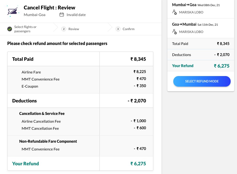 MariskaLobo's tweet photo. Paid a premium to buy Flexi Plus flight tickets on @makemytrip but little did I know that 'Convenience fee' and 'MMT cancellation charges' will cost me more than the airline cancellation charges. https://t.co/qolzedf0J5