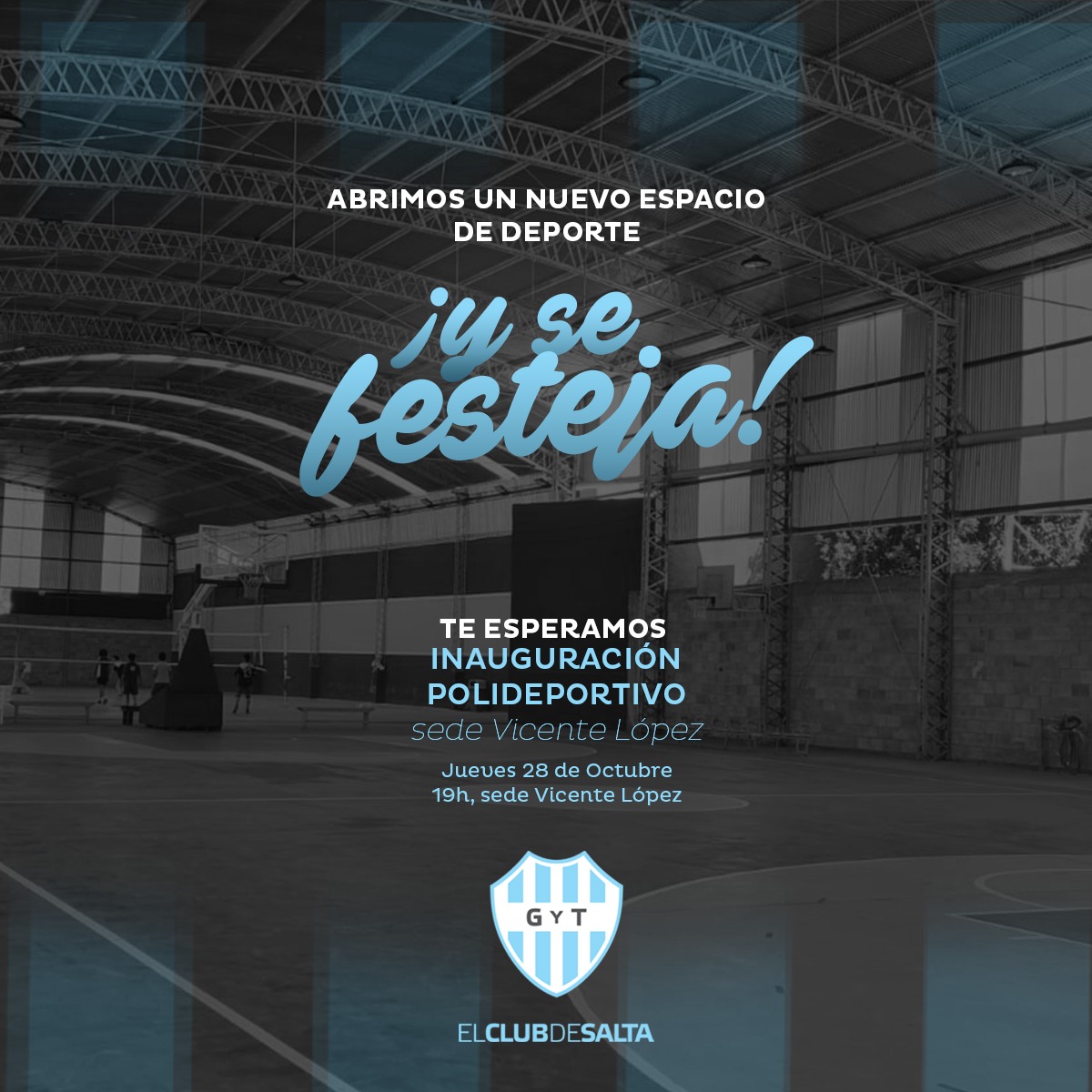 gytoficial's tweet photo. Este Jueves, a las 19, inauguraremos formalmente un postergado sueño que hoy es una hermosa realidad: el polideportivo techado e iluminado. Y como no es para menos, ¡lo festejamos a lo grande! Te esperamos para compartir una jornada llena de sorpresas, música y encuentro 💪🏽💙🤍 https://t.co/sdbETI5Svm