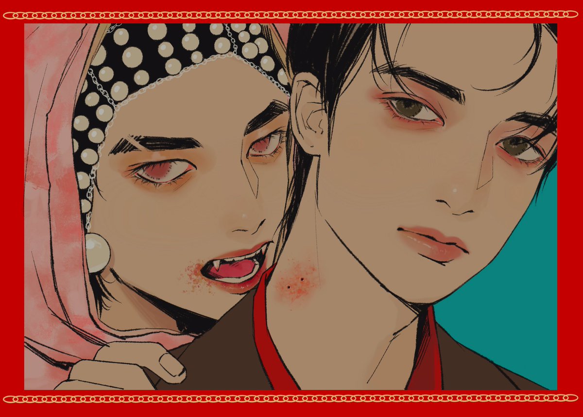 black hair 2boys looking at viewer fangs makeup multiple boys border  illustration images