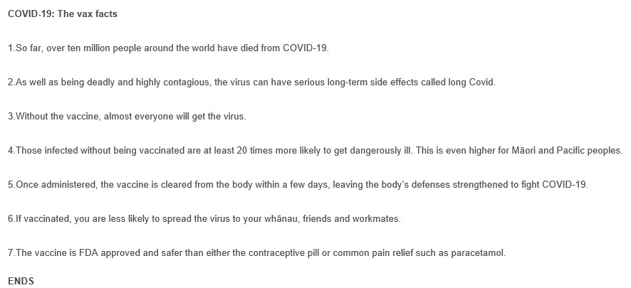 tmurphyNZ's tweet photo. The Royal NZ College of GPs has issued a statement trying to refine down pro vaccination facts to seven key points.
 "If there is only one thing you read about Covid-19 today, make it this," says medical director Dr Bryan Betty: https://t.co/B94GsG32NB