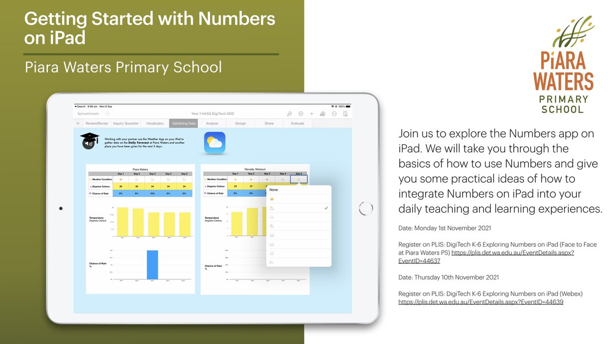 Join us to learn more about integrating iPad into teaching and learning! We are focusing in on the Numbers app 💚 Face to Face and Webex (DoE staff only for Webex) available!