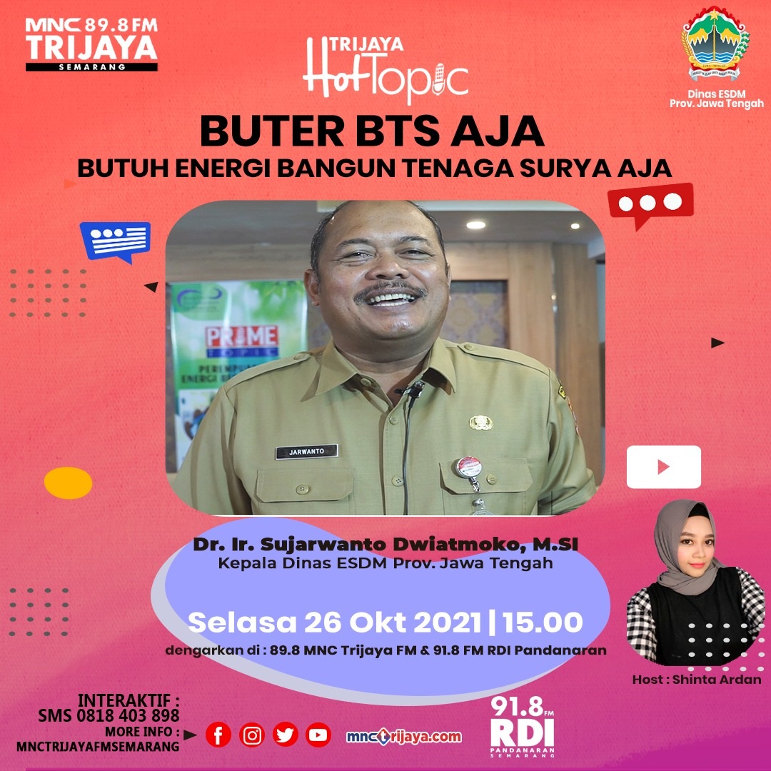 mnctrijayafmsmg's tweet photo. Smooth Like Butter but heat to heart BUTER BTS - Butuh Energi Bangun Tenaga Surya Aja
Stay tune di HOT TOPIC SORE Selasa 26 Oktober 2021 Jam 15.00 WIB
@ESDMJateng @kementrianESDM
#Butter #BTS #gotozeroemission2060 #jatengecoliving #indonesiaecoliving
#esdmjateng #jatenggayeng https://t.co/73qJvmoQbQ