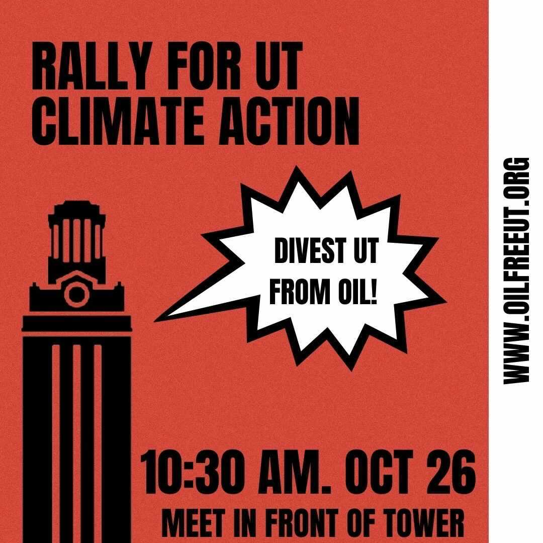 sfccut's tweet photo. UT STUDENTS, WE NEED YOUR URGENT SUPPORT: Tomorrow is @JCHartzell student advisory meeting. @sfccut was scheduled to present our 5 demands for climate action but were REMOVED from the schedule abruptly. 

Rally with us tomorrow 10:30 -12:30 to tell UT to listen to students https://t.co/B5ksnLITpa