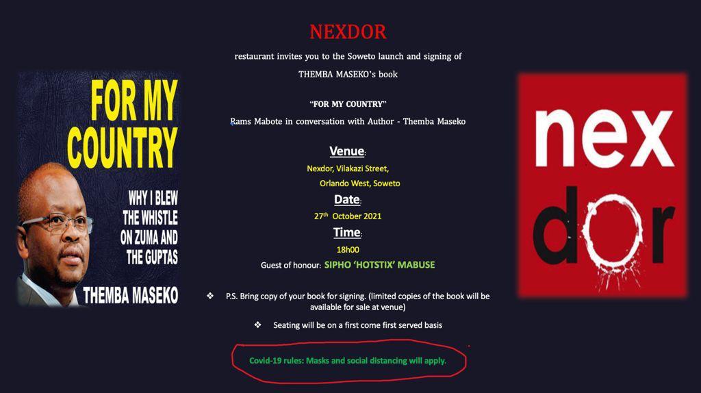 themba_s16's tweet photo. It's all systems go for Soweto leg book launch of @MasekoThembaJ's book #ForMyCountrt at @Nexdor in Vilakazi Street. A must read book, especially for journalists and spokespersons. I also shared it with my Class of 2021 at RhodesUniverversity
@SolPlaatje https://t.co/sOlUKkIYRS