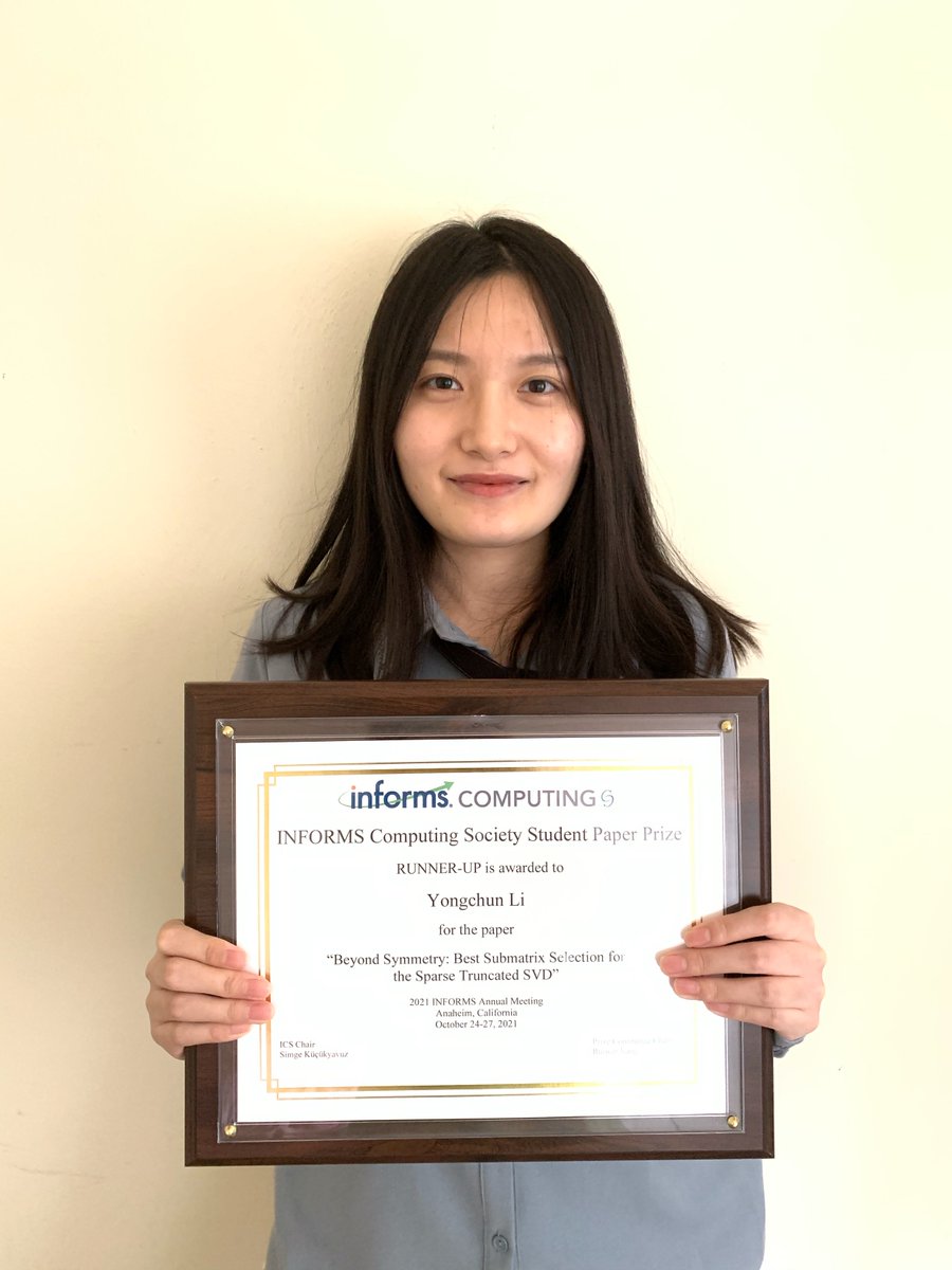 mcfenelon's tweet image. Congratulations to Aras Selvi @ArasSelvi1 for winning the INFORMS Computing Society @ICS_informs Student Paper Prize and to runner-up Yongchun Li @liyc13 #informs2021.