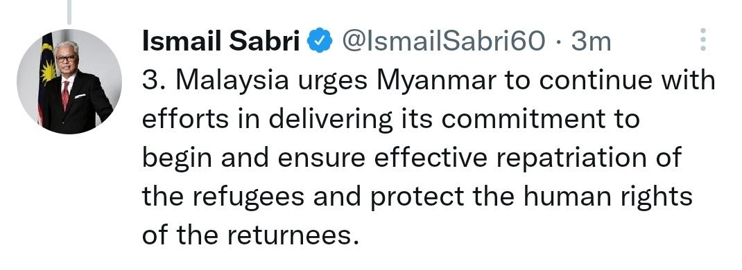 MayWongST's tweet photo. #Malaysia #PM @IsmailSabri60 reiterates position on not having #Myanmar #military chief sit at same table with @Asean leaders in final summit. Also continues to champion rights of #Rohingya #refugees still stuck in #Bangladesh camps at start of summit #WhatsHappeningInMyanmar https://t.co/0qIIJhtIzN