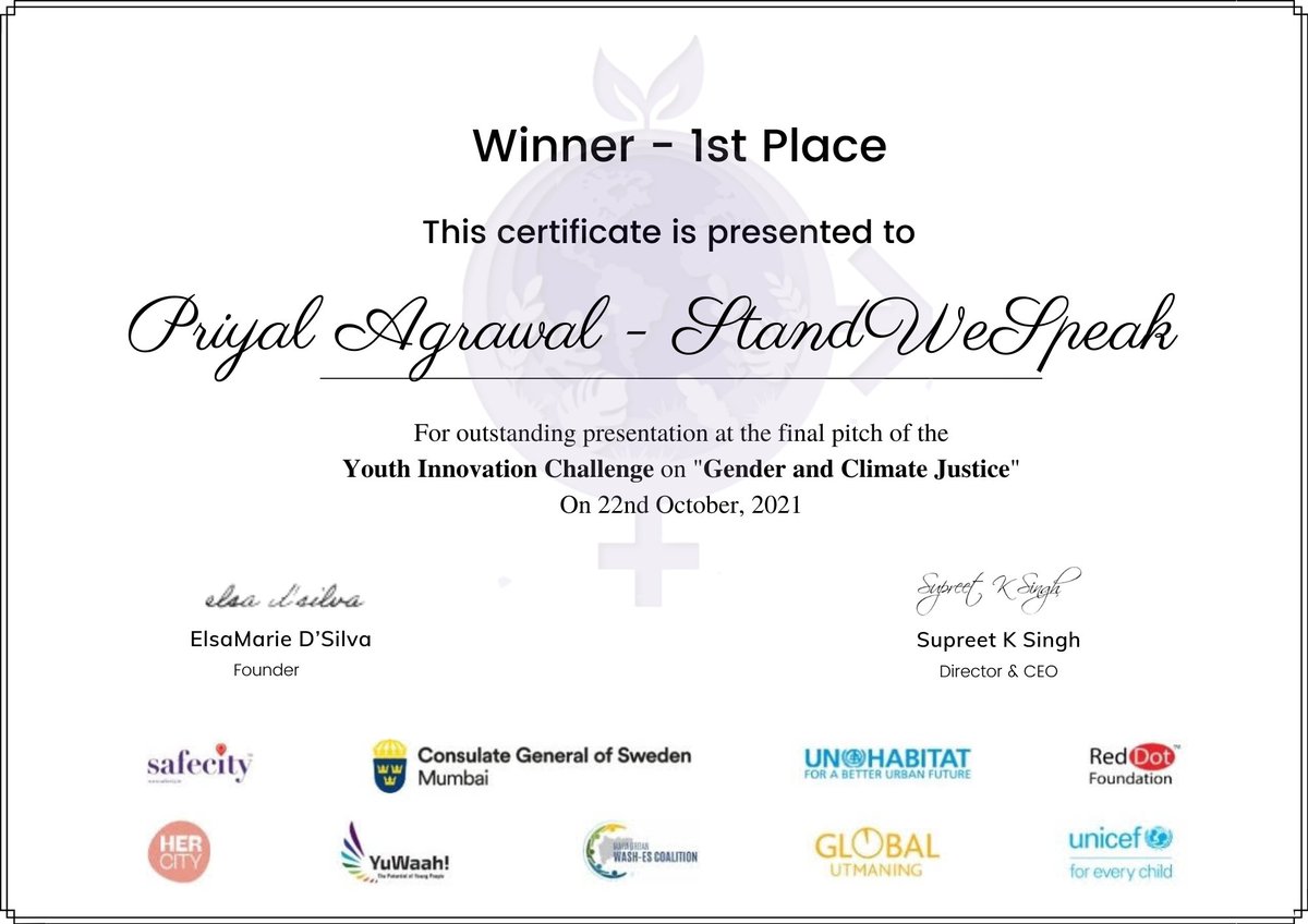 StandWeSpeak's tweet photo. I'm thrilled to share that @StandWeSpeak has received yet another accolade after winning the Youth Innovation Challenge on Gender &amp; Climate Justice 2021, organised by @TheSafecityApp in partnership with @UNICEF @UNHABITAT
@YuWaahIndia @GlobalUtmaning, @HerCityToolbox https://t.co/YBliaveAnk