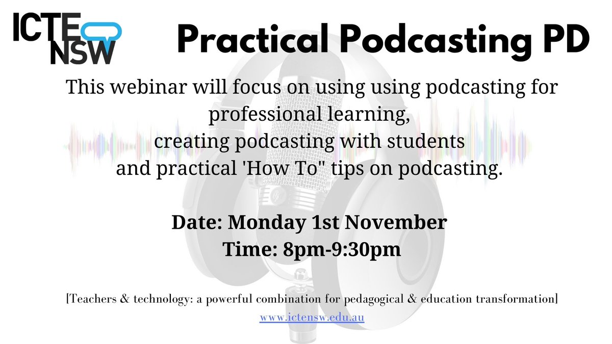 Next Monday's webinar: Practical Podcasting with <a href="/FiMorrison2/">Fi Morrison</a> <a href="/SmilesStephi/">Dr Stephanie Smith</a> <a href="/BeckKeough1/">🌸 𝔹𝕖𝕔𝕜 𝕂𝕖𝕠𝕦𝕘𝕙 🌸</a>. Learn how to use podcasting for professional learning, creating podcasting with students &amp; practical 'How To". ictensw.org.au/event-4531447 #aussieED #primarySTEMchat #edtech #STEMeducation