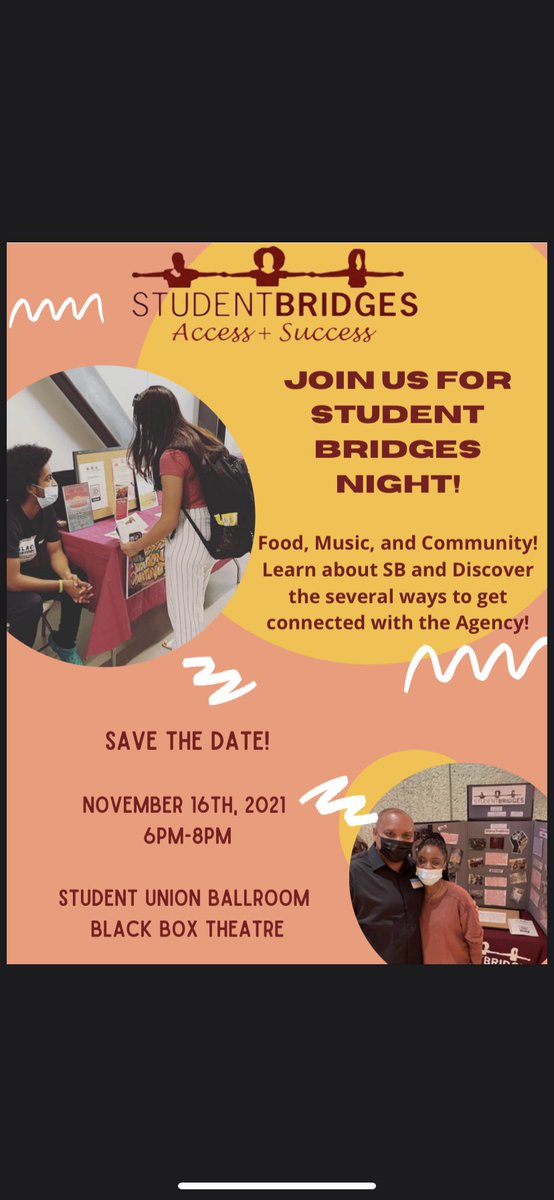 Student_Bridges's tweet photo. Join Us for SB NIGHT !
When: 11/16/21
Time: 6pm-8pm
Location : SUB Black Box Theatre😉🤗We look forward to seeing you there!! https://t.co/IwtcFPS5Ov