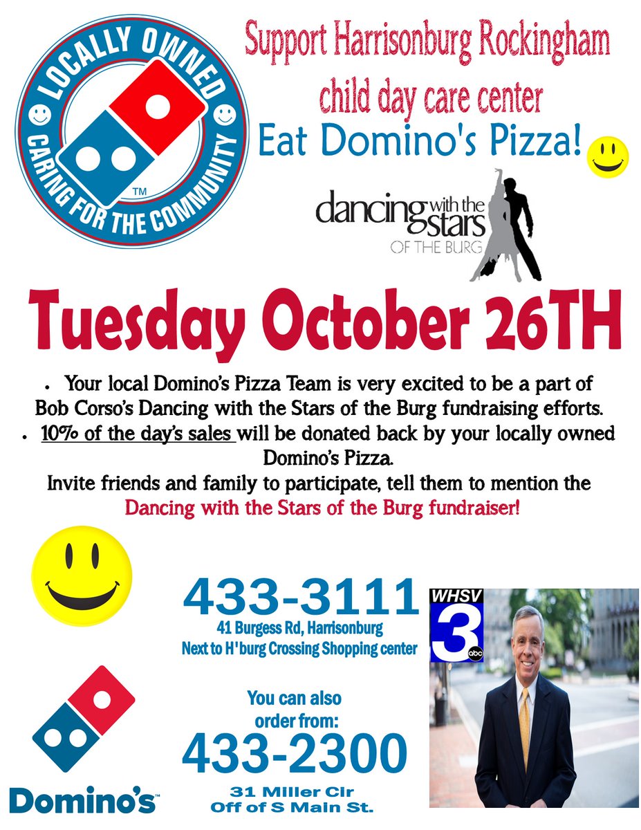 Order pizza TODAY, Tuesday, Oct. 26, from either Domino's in Harrisonburg, help Team Corso and the Day Care!
For more info and to donate directly, go to: whsv.com/dance