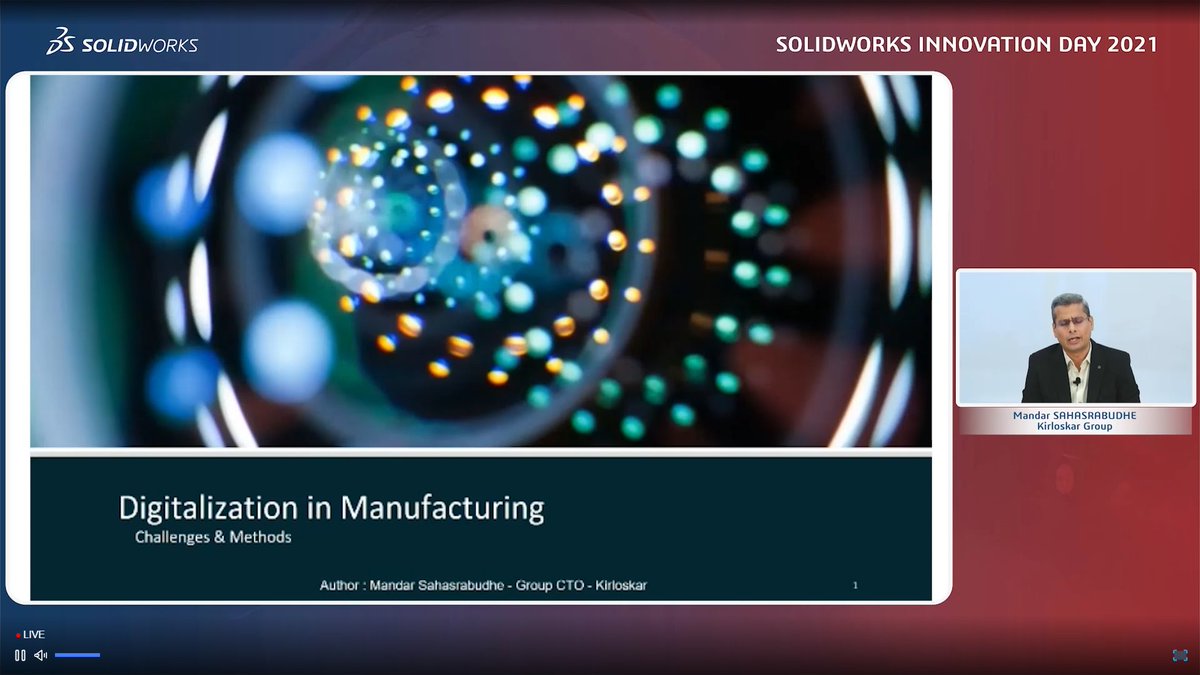 gurpreets2012's tweet photo. Mr. Mandar SAHASTABUDHE, Group CTO, Kirloskar Management Service is live @ SOLIDWORKS Innovation Day 2021 INDIA - With a super interesting session on Digital Transformation https://t.co/GxgqvjjD7r