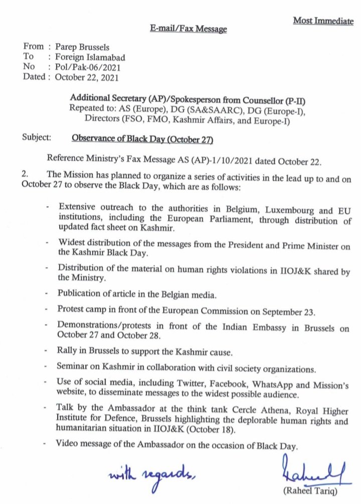 beingmessenger's tweet photo. #Pakistan's Information Warfare |
Its #FalsePropoganda plan on #JammuKashmir for Europe is exposed. #Pakistan govt. has issueed guidelines to embassies in #Europe to viciously propagate #AntiIndia agenda & observe 27th oct as 'Kashmir Black Day https://t.co/RC9j5dvb7m