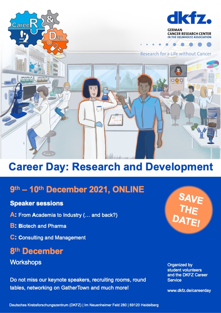 SAVE THE DATE CD R&amp;D!
You are cordially invited to our upcoming virtual CD Research and Development.
Don’t miss the last Career Day of 2021!
We all look forward to seeing you virtually. 
#DKFZ #CD2021 #R&amp;D #career #network #phd #postdoc #master #alumni #sustainability #heidelberg