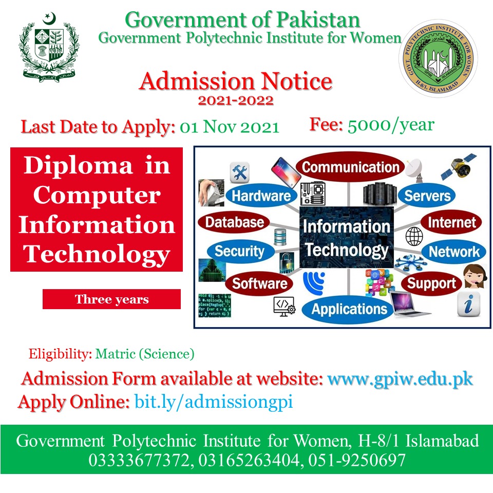 nousheennoor2's tweet photo. #freelancing
#cloudcomputing
#gpiw
#addmissions
For women, Govt. Funded three year Technical diploma courses admission open at Government Polytechnic Institute for women H-8/1 Islamabad
Fee: 5000 per year
Last date: 1-Nov--2021
https://t.co/lG8i3yby6P https://t.co/exjzJOBL7R