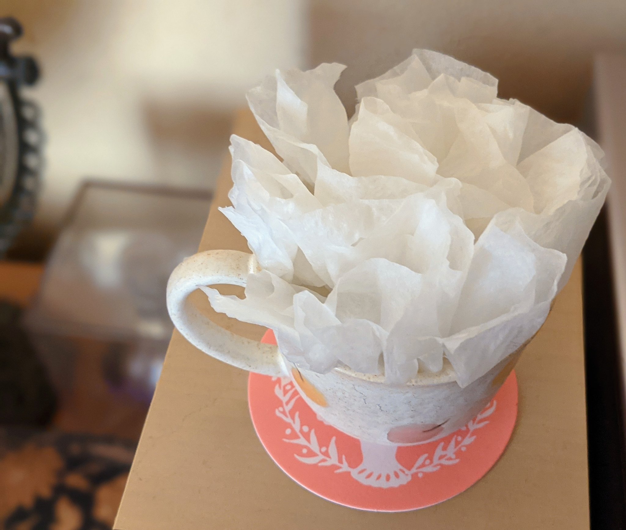 のりしお キッチンペーパーで手作り加湿器作りました コーヒーフィルターやフェルトでもできる とりあえずすぐ出来るものでと キッチンペーパーを蛇腹に折っただけ もっとかわいく作ったものもネットにはありましたが笑 手作り加湿器 T Co