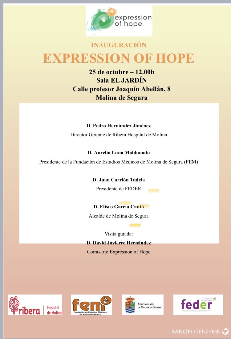 djavierreh's tweet photo. #ExpressionofHope llega a #MolinadeSegura Puedes visitarla en la Sala #ElJardín hasta el próximo 2 de noviembre. Muchas gracias a todos por la fenomenal acogida! @Hospital_Molina @riberasalud @FEDER_ONG @dgenesmurcia @SanofiES @RarasReales Siempre al lado de los pacientes!. https://t.co/0ZPa71i36v