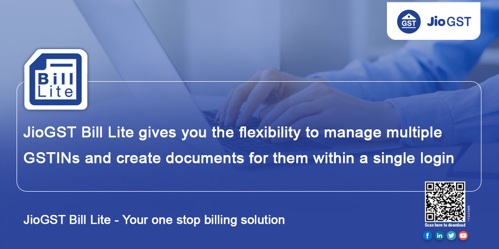 JioGST's tweet photo. Do you face hassles in managing multiple GSTINs? Create documents and manage all your GSTINs in one login with #JioGST Bill Lite.
Download the JioGST Bill Lite for free from here: https://t.co/wn80dkVWks https://t.co/2tyL475oY3
