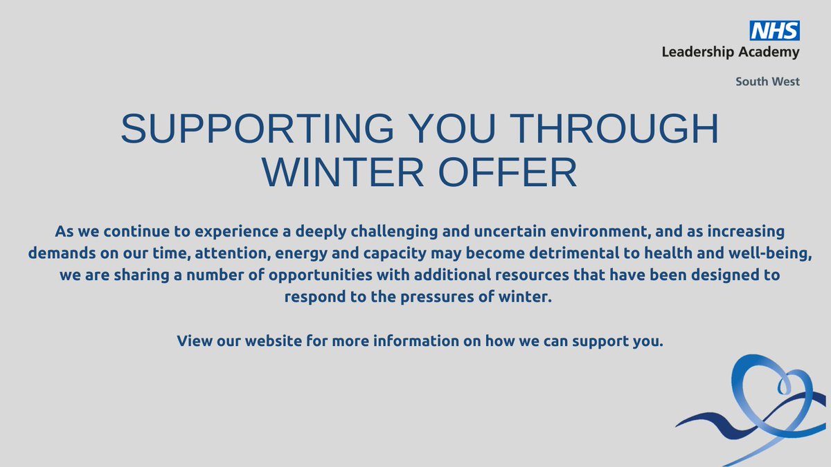 NHS Leadership Academy South West (@nhs_swla) on Twitter photo As we continue to experience a deeply challenging and uncertain environment, the <a href="/NHS_SWLA/">NHS Leadership Academy South West</a> have created our '#SupportingYouThroughWinter Offer' open to South West #nhs colleagues.
Topics: wellbeing, mindfulness, leadership & resources.
Find out more: ow.ly/g7Sm50Gwcu9 As we continue to experience a deeply challenging and uncertain environment, the <a href="/NHS_SWLA/">NHS Leadership Academy South West</a> have created our '#SupportingYouThroughWinter Offer' open to South West #nhs colleagues.
Topics: wellbeing, mindfulness, leadership & resources.
Find out more: ow.ly/g7Sm50Gwcu9