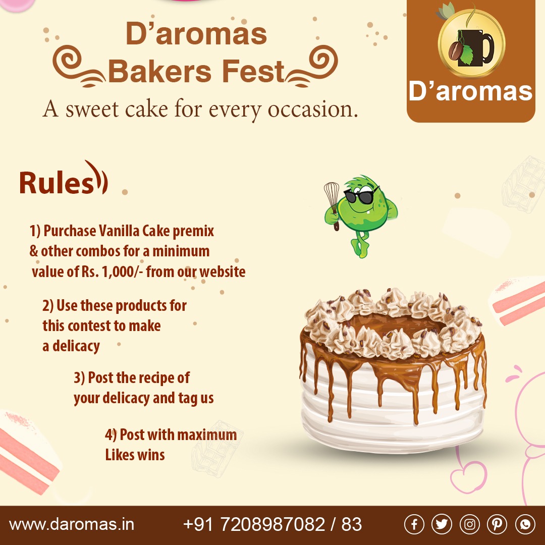daromascoffee's tweet photo. Want to win Rs. 5,000/-? Participate in D'aromas Bakers Fest!! If you believe you are the best baker out there, you can win the voucher!!

Post your recipe by 7th November and the winner will be declared on 10th November!! https://t.co/XsGtOljxyl