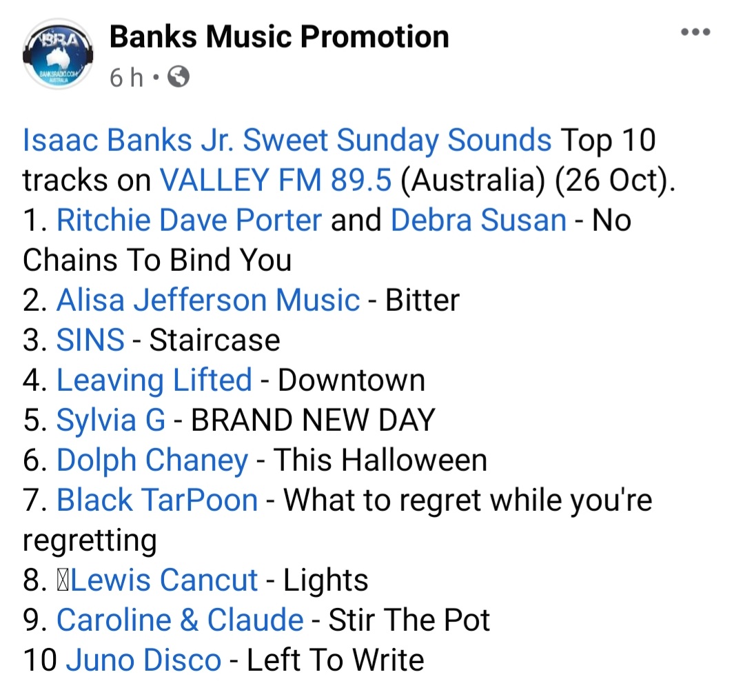 Richard03399598's tweet photo. We are Number One in the Top Ten Tracks for Valley FM 89.5 Australia with our Ritchie Dave Porter and Debra Susan single 'No Chains To Bind You ' #numberone #banksradioaustralia #banksmusicpromotion #newsingle #newamazonsingle #newitunessingle #newamazonrelease #newitunesreleases https://t.co/RjUbneUCSb