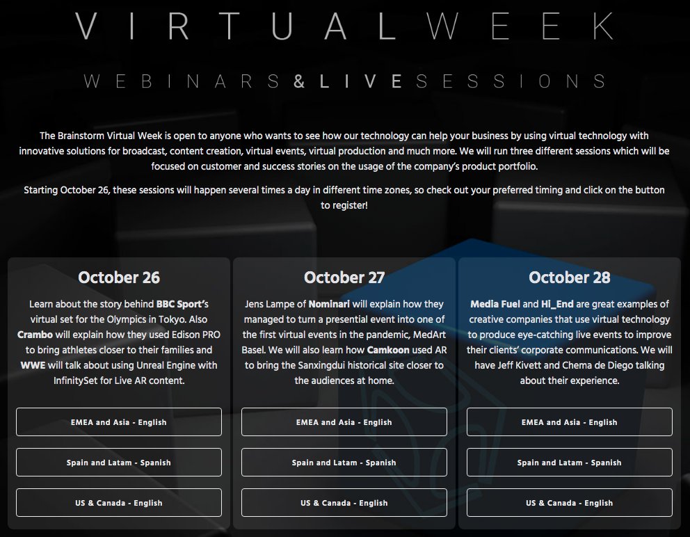 brainstorm3d's tweet photo. #BrainstormVirtualWeek kicks off today
Register https://t.co/oAG1DHSqk4

In today's sessions we'll learn about @BBCSport’s #VirtualSet for the #TokyoOlympics, @cramboEU usage of #EdisonPRO to bring athletes closer and @WWE usage of @UnrealEngine + #InfinitySet for #LiveAR content https://t.co/8bMIvsjWxk