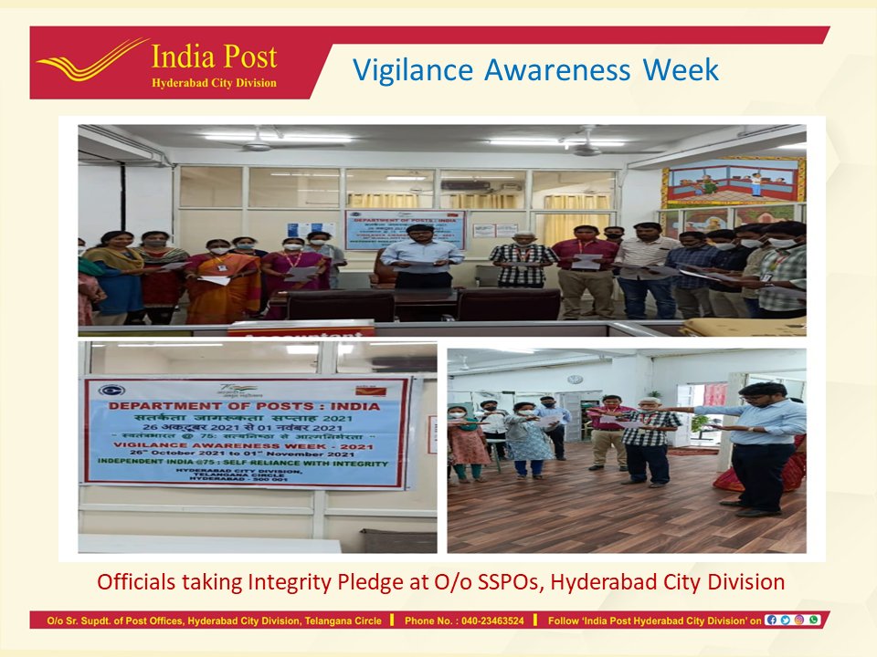 Vigilance Awareness Week :  Integrity pledge #indiapost #hydcitydivision #Hyderabad #vigilanceawarenessweek <a href="/IndiaPostOffice/">India Post</a> <a href="/cpmgtelangana/">Telangana Postal Circle</a>
