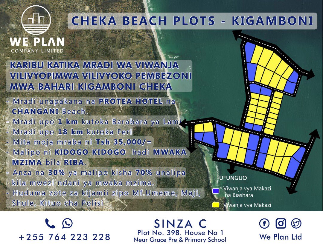 WeplanLtd's tweet photo. CHEKA BEACH PLOTS - KIGAMBONI.

Mradi unapakana na Protea Hotel na Changani Beach. 

Mradi uko 1km kutoka barabara ya lami, Mradi uko 18km kutoka Feri. 

Viwanja vyote vinafikika kwa barabara zilizochongwa, huduma zote za Kijamii zipo ie umeme, maji, hospital, shule etc https://t.co/fEYkb3YZUs