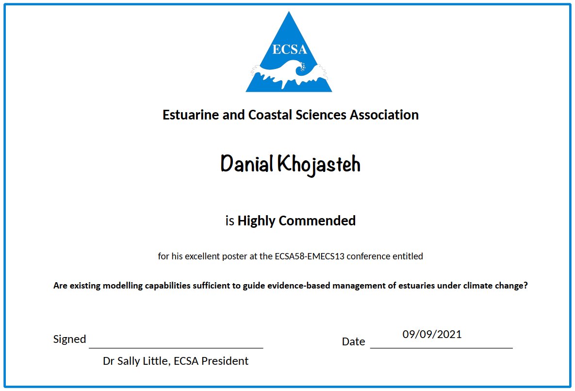 KhojastehDanial's tweet photo. Honoured and pleased to see my presentation on estuarine management under #climatechange was awarded a high commendation by the #ECSA58 #EMECS13 panel. Thank you @ECSAssociation and @estuary_ecology!
@UNSWWRL @UNSWCVEN @UNSWEngineering
#sealevelrise https://t.co/Mit2nKuYQM
