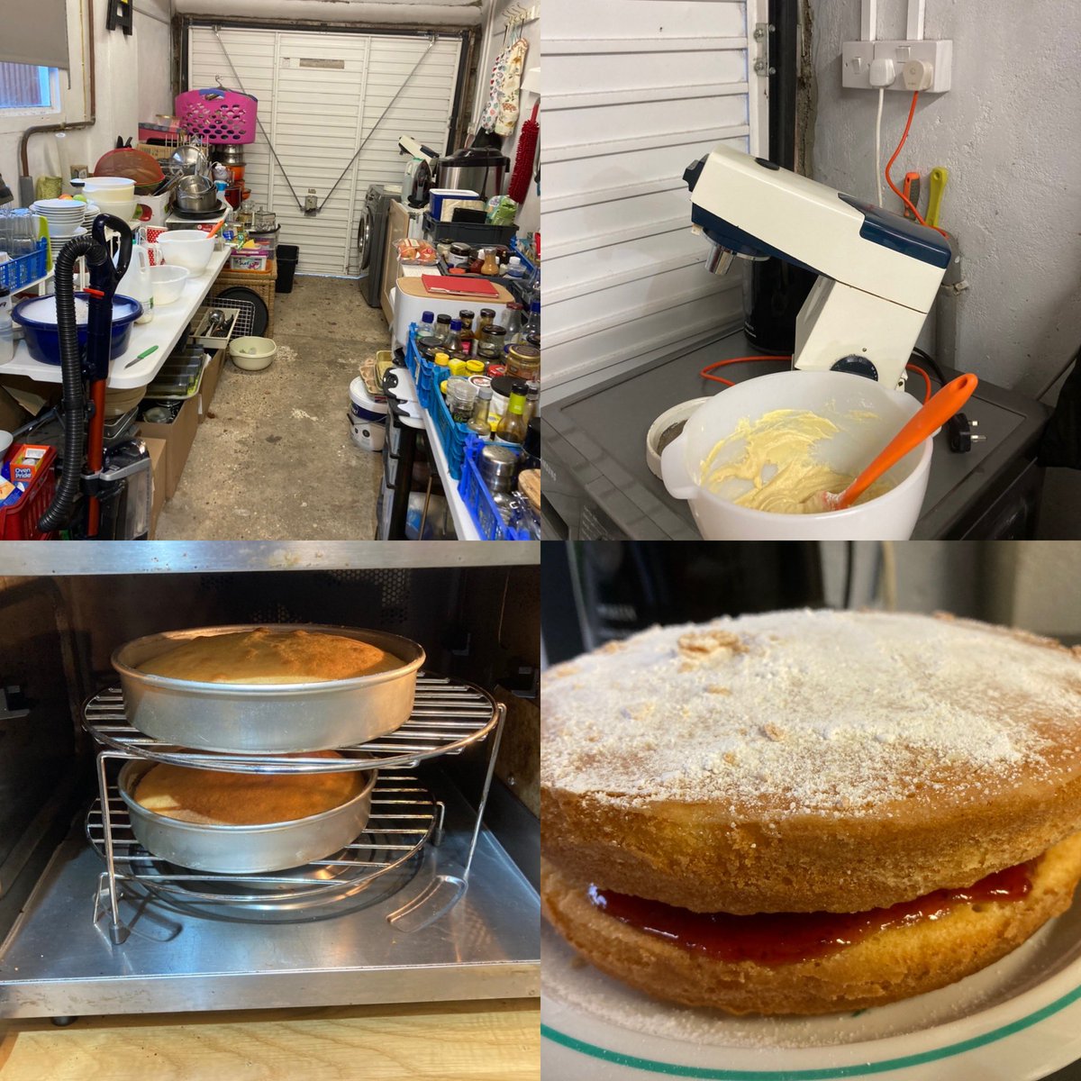 Kitchen being extended and refurbished so knocked up a Victoria Sandwich cake in the garage , not up to the usual standard but need to keep the builders happy 😊