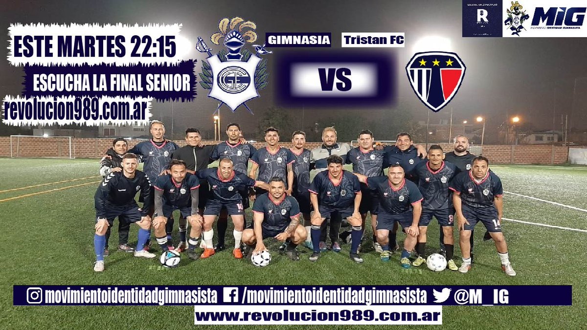 M_IG's tweet photo. MARTES 22.15 ESCUCHA #MIGFUTBOL #Senior LA UNICA TRANSMISION GIMNASISTA QUE EXISTE CON #GIMNASIA ENFRENTANDO A #TristanFC EN LA #FINAL DE LA #ZonaMetropolitana DEL TORNEO #Senior35 DE LA #LNCS EN #Berazategui @Revolucion989 @M_IG @GhizzoniLui @Senior35CGE https://t.co/pspmlhuMpd