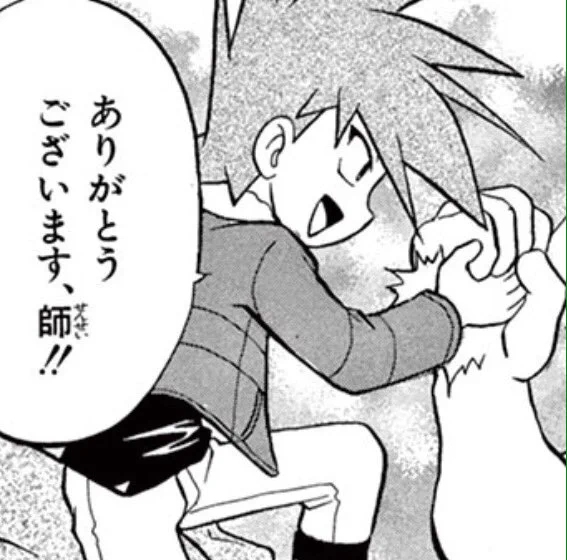 XY編のグリーンは金銀水晶編やFRLG編の時より大人になってるので頭身を上げたのももちろんですが、あごの線をカクッとさせてやや面長になるように意識してました。ちなみに何歳になってるかはヒミツ❤️ #ポケスペ回想録 