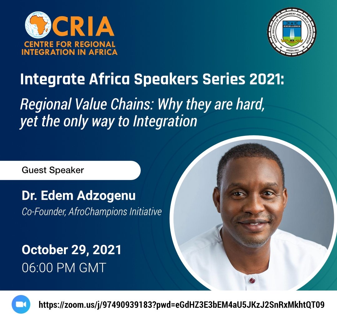 Coming this Friday.
Integrate Africa Speakers Series 2021:  Regional Value Chains: Why they are hard, yet the only way to Integration.
zoom.us/j/97490939183?…