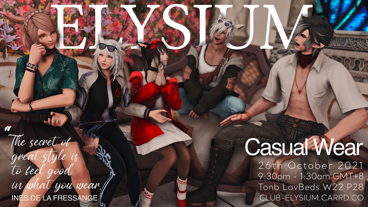 ElysiumTB's tweet photo. It's Tuesday. Kick back. No pressure, no expectations.
Perhaps a bit of a drink to take the edge off, but we're going back to our roots. 

Casual Night at Club Elysium.

26th October 2021, 9:30PM-1:30AM GMT+8.
Tonberry, Lavender Beds Ward 22 Plot 28.

#ClubElysiumTB https://t.co/m1ntPELYZC