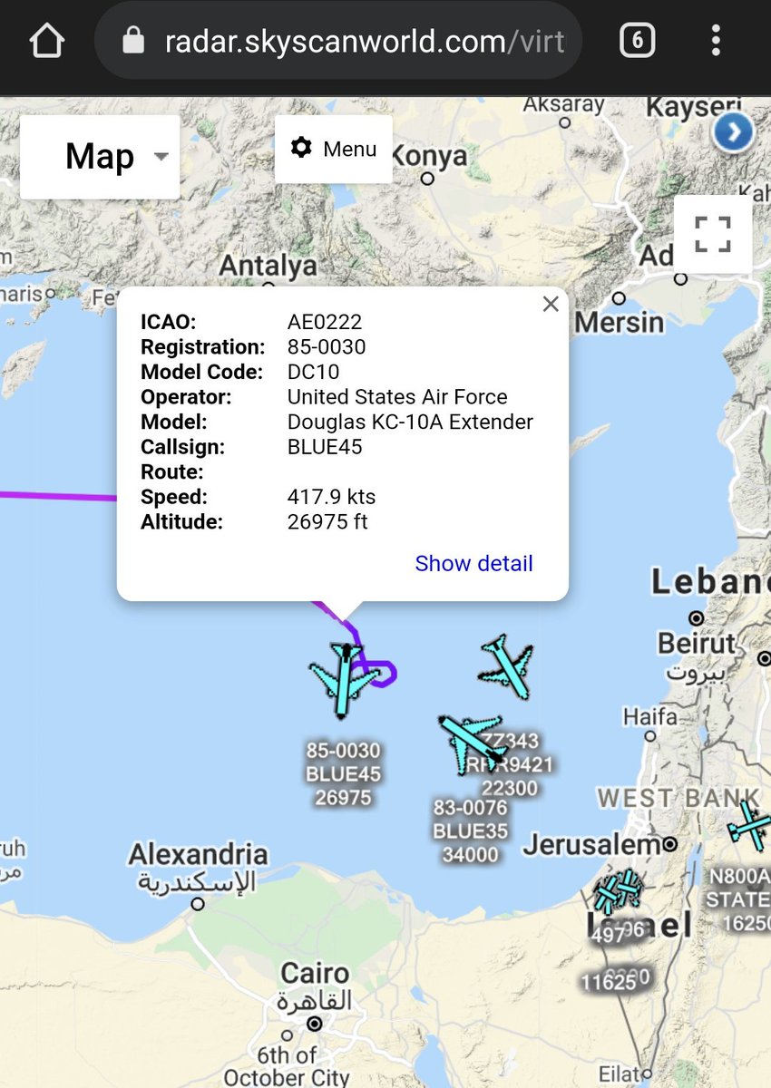 scan_sky's tweet photo. 2 x #USAF - KC-10A Extender - 85-0030 - #BLUE45/83-0076 - #BLUE35

Currently Over The Eastern Mediterranean - #BLUE35 Has Towed Chicks &amp; #BLUE45 Is Holding To Carry On Towing. https://t.co/9yv8fpALfm