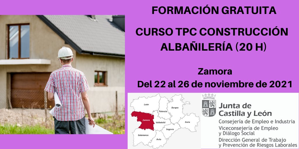 prevencionjcyl's tweet photo. #JCyL con la #PRL
#EventosPRL #PRL
Curso gratuito "TPC Construcción Albañilería (20 h)"
Organiza: #ASSLZamora
➡️ Zamora, del 22 al 26 de noviembre de 2021
INFO 👇
https://t.co/OPAQImWEDc https://t.co/XtFVpzLufQ