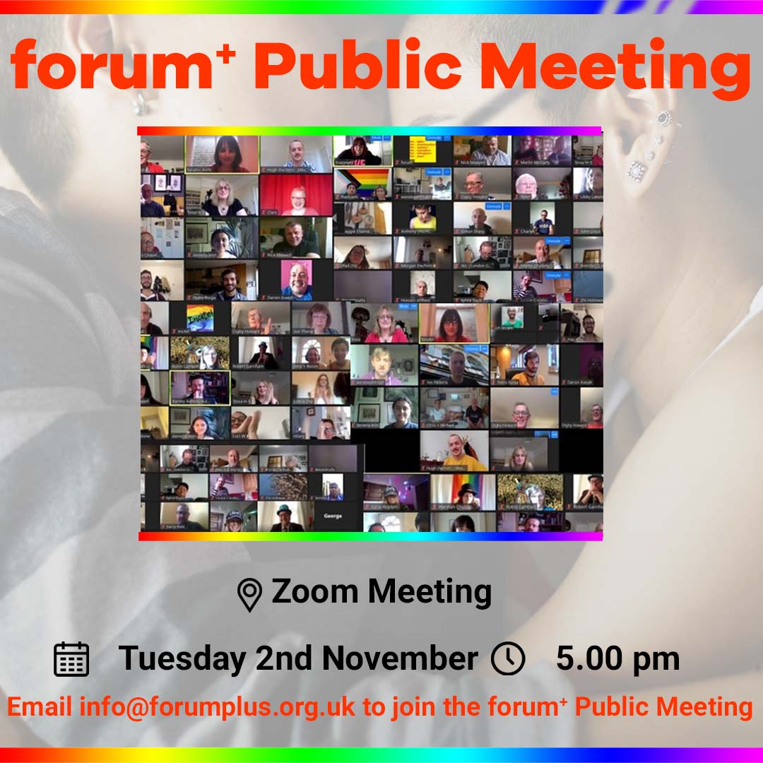 One week to go till the forum+ Monthly Public Meeting taking place online at 5 pm on Tuesday 2nd November!

Join with us for 👇

🌈An update on our work
🎟Details of the latest forum+ events
📰Local LGBTQ news

Please email info@forumplus.org.uk for the Zoom Link