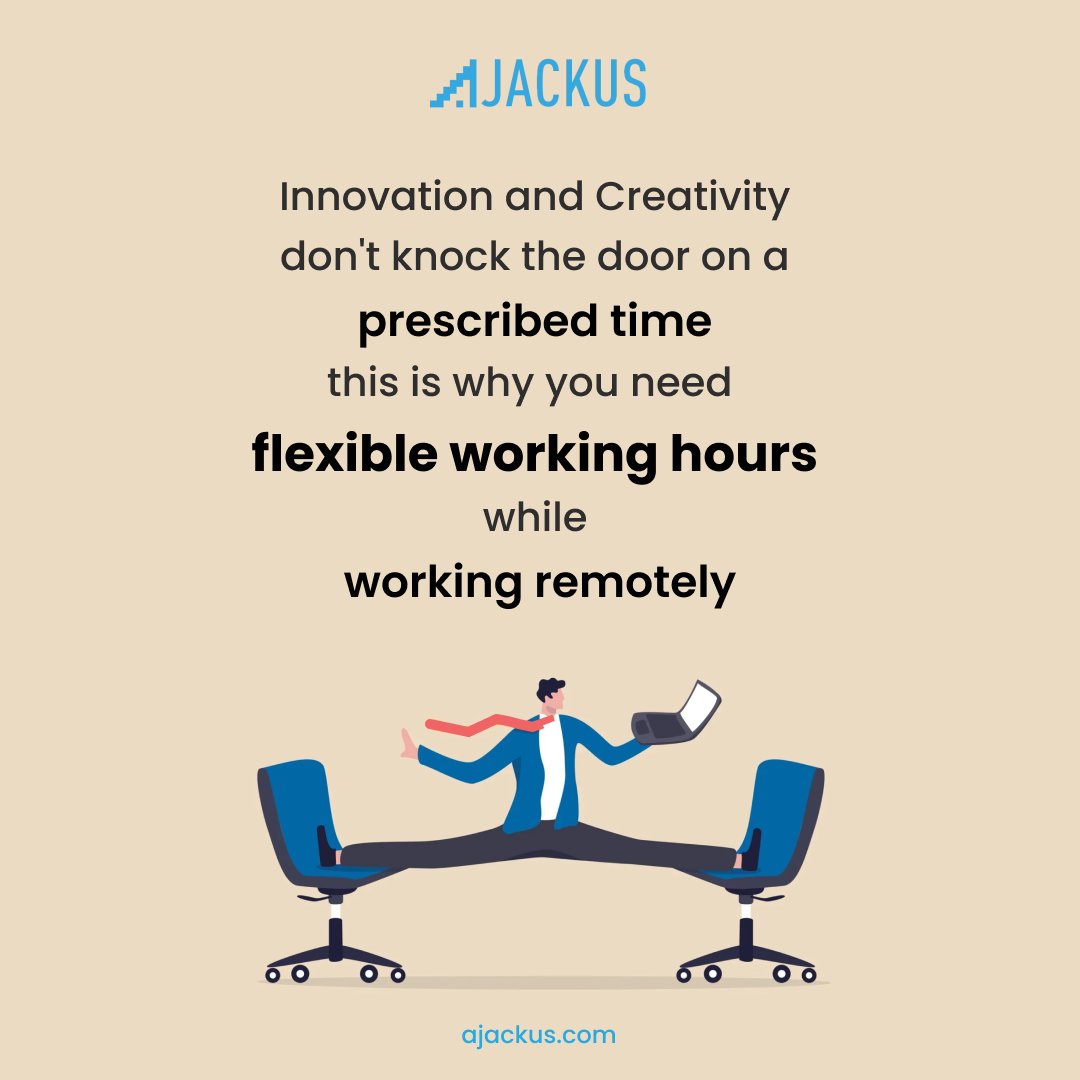 ajackus's tweet photo. At Ajackus we have the benefit of finishing tasks when we prefer, whether it's 11 am or 11 pm, along with a Hybrid remote working and office model.
Apply to open positions at https://t.co/hw4x86wwMW 

#employeebenefits #flexibleworkhours #remote work #remotejobs #remoteteams https://t.co/cnmmxOmwZ0