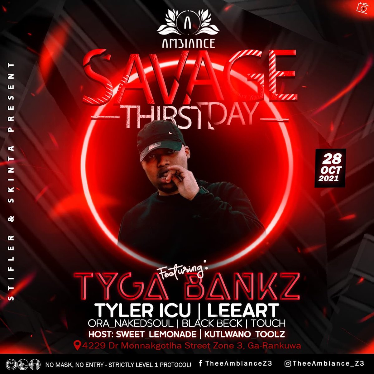 theeambience's tweet photo. Join us  for another mazza 🔥🔥episode of #SavageThirstday with @Tyler_ICU @Tyga_BankZ on the decks and @sweetlemon22 @toolztoolz as your hosts 😁

#thirsttrapthursday #ambiance #Savagethirstday #thursdayvibes https://t.co/pD7MPzEgKB