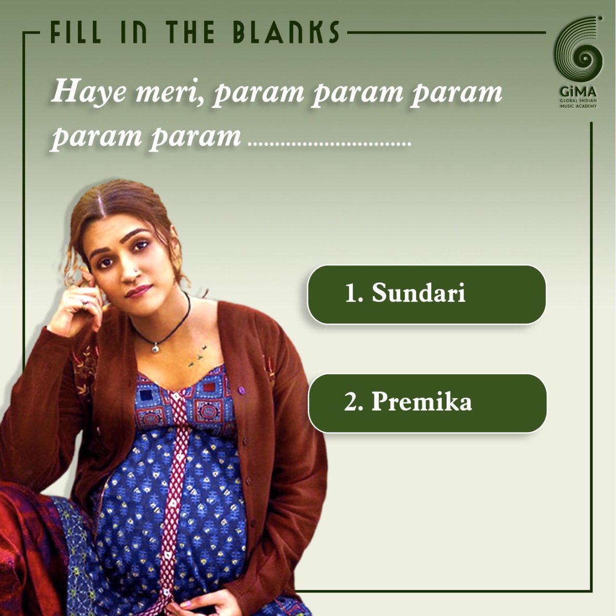 GiMA (@gima) on Twitter photo Complete the lyricsβ¦.
Choose the correct answer and comment below! π
.
.
#thegimas #fillintheblanks <a href="/kritisanon/">Kriti Sanon</a> Complete the lyricsβ¦.
Choose the correct answer and comment below! π
.
.
#thegimas #fillintheblanks <a href="/kritisanon/">Kriti Sanon</a>