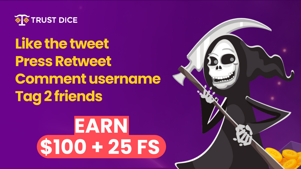 TrustDice's tweet photo. Earn 100$ in BTC + Free Spins 🎃 

👻 Like the tweet
🦇 Press RT
💀 Comment username
🪦 Tag 2 Friends

👉 Click here to validate entry https://t.co/NrFb4uoOxB https://t.co/zy71cWEcDc